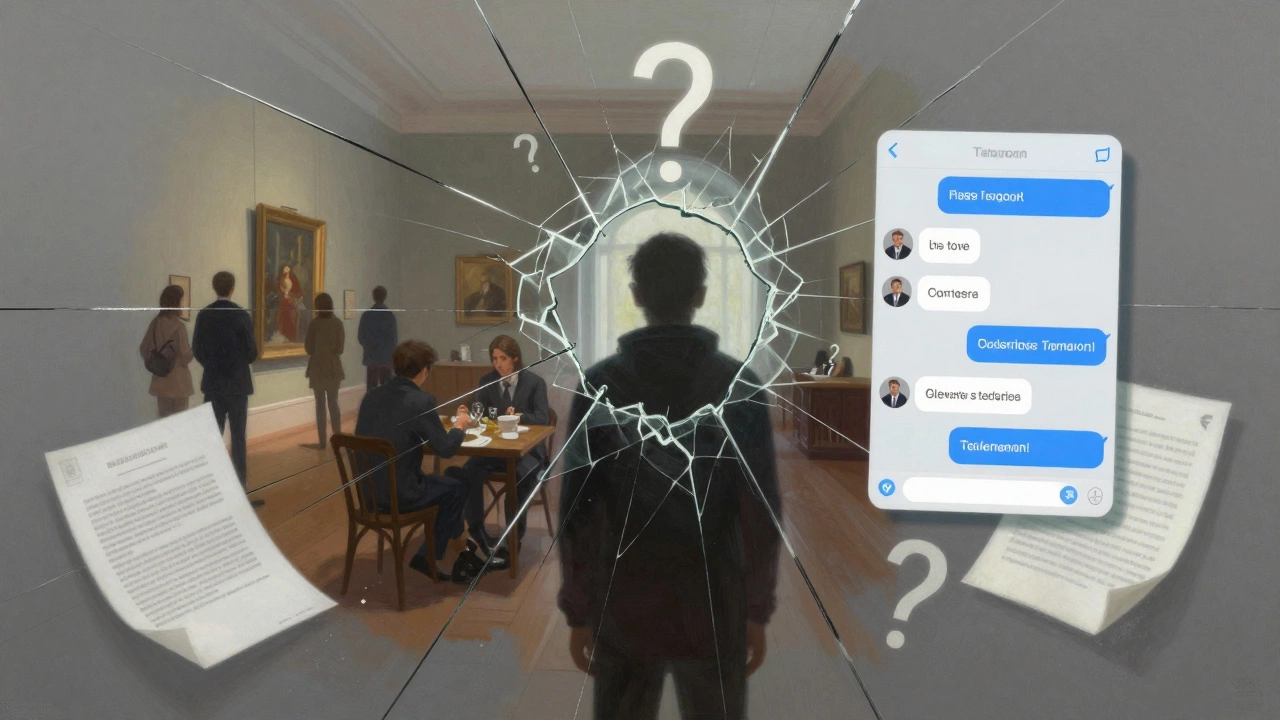 A fractured mirror reflecting companionship scenes with encrypted messages and legal symbols.