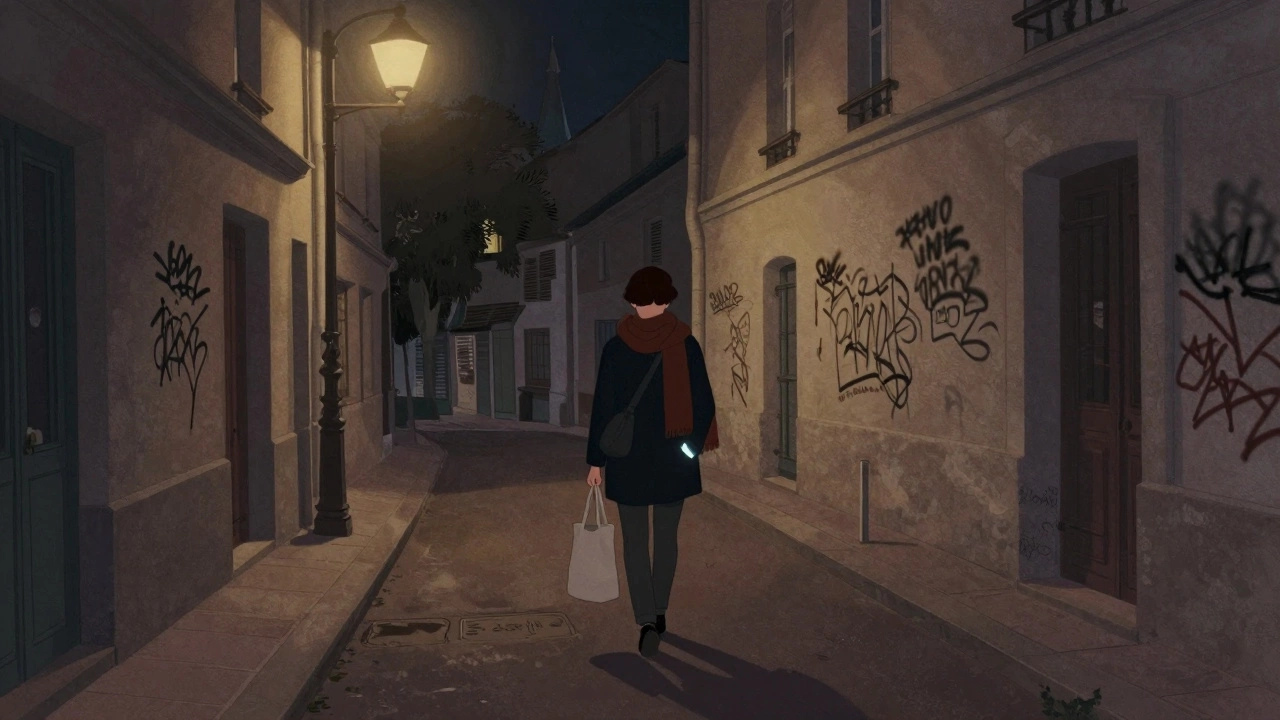 A person walking at night in Montmartre, anonymous, no visible face or signs.